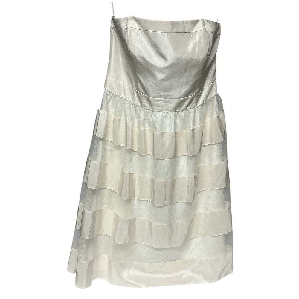 White House Black Market Sz 10 Ivory Silk Strapless Lined Dress Striped Layered